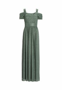 Robe longue verte en tissu scintillant. Elle présente des manches dénudées, un corsage ajusté et une jupe froncée.
