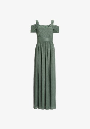 Langes grünes Kleid aus schimmerndem Stoff. Besitzt schulterfreie Ärmel, ein tailliertes Oberteil und einen gerafften Rock.
