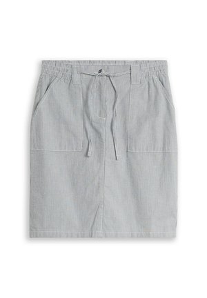 Jupe gris clair avec fines rayures blanches verticales, taille élastique, poches avant et cordon noué à la taille.