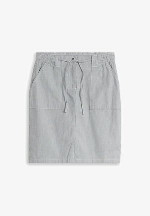 Jupe gris clair avec fines rayures blanches verticales, taille élastique, poches avant et cordon noué à la taille.