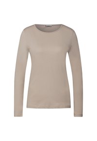 Camicia beige a maniche lunghe realizzata in tessuto liscio, con scollo rotondo e silhouette aderente. Nessun motivo o accento visibile.