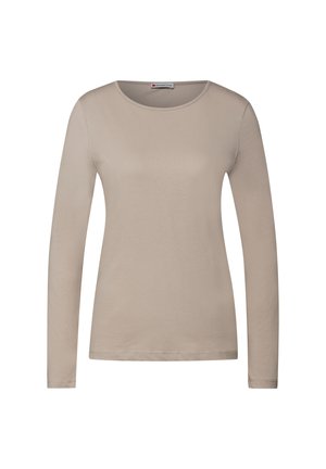 Beige langærmet skjorte lavet af glat stof, med rund halsudskæring og tætsiddende silhuet. Ingen synlige mønstre eller detaljer.
