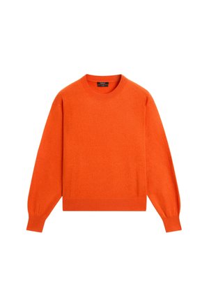 Maglione arancione brillante a maniche lunghe con girocollo, polsini, colletto e orlo a costine, esposto su sfondo bianco. Nessun logo visibile.