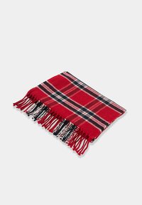 Červený károvaný šátek s třásněmi na okrajích. Má kostkovaný vzor s tmavě modrými a bílými akcenty. Vyrobený z měkkého materiálu.