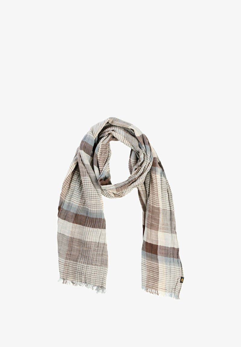 Leichter Schal mit einem Karomuster in Braun-, Beige- und Blautönen, locker geschlungen, mit fransigen Kanten und einem kleinen Etikett.