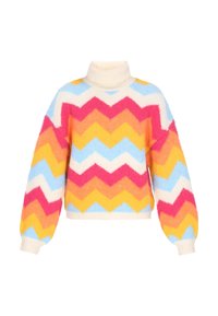 Turtleneck trui met lange pofmouwen, voorzien van een fuzzy zigzagpatroon in roze, oranje, geel, blauw en wit.