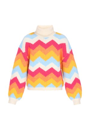 Rollkragenpullover mit langen puffigen Ärmeln, der ein flauschiges Zickzackmuster in Pink, Orange, Gelb, Blau und Weiß aufweist.