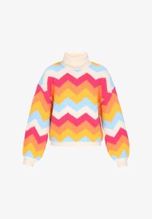 Kitsas kõrge kaelusega kampsun pikkade puhvärvidega, millel on pehme siksakiline muster roosa, oranži, kollase, sinise ja valge värviga.