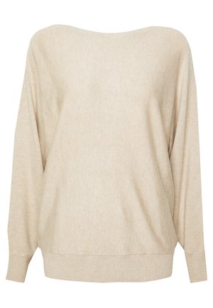 Pull beige surdimensionné avec un grand col, des manches longues et des poignets et un ourlet côtelés. Texture douce avec un motif chiné subtil.