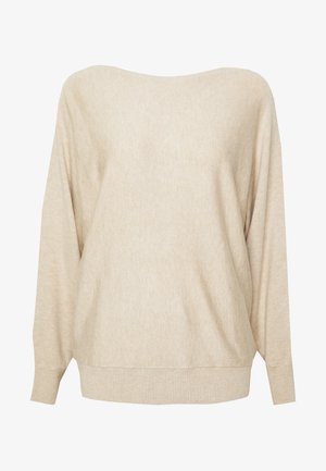 Beež oversize sviiter, millel on lai kaelus, pikad varrukad ning soonikkoes ääred ja alumine serv. Pehme tekstuur ning õrn heledatuhmuda muster.