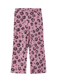 Pantaloni con elastico in vita rosa, con motivo floreale e leopardato in nero e rosa scuro, taglio dritto.