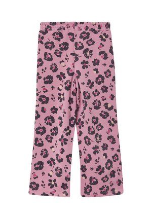 Rosa elastische Bundhose mit schwarzem und dunkelrosa Blumen- und Leopardenmuster, gerader Schnitt.