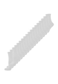 Hvide ankelstrømper, lavet af et blødt stof, med en ribbet kant. Vist i et gentagende mønster, der fremhæver deres lette design.