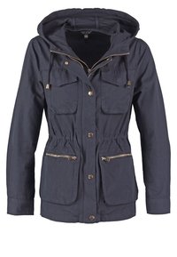 Dark blue parka jacket with a hood, featuring zippered and buttoned pockets, adjustable waist, and gold-tone hardware accents.