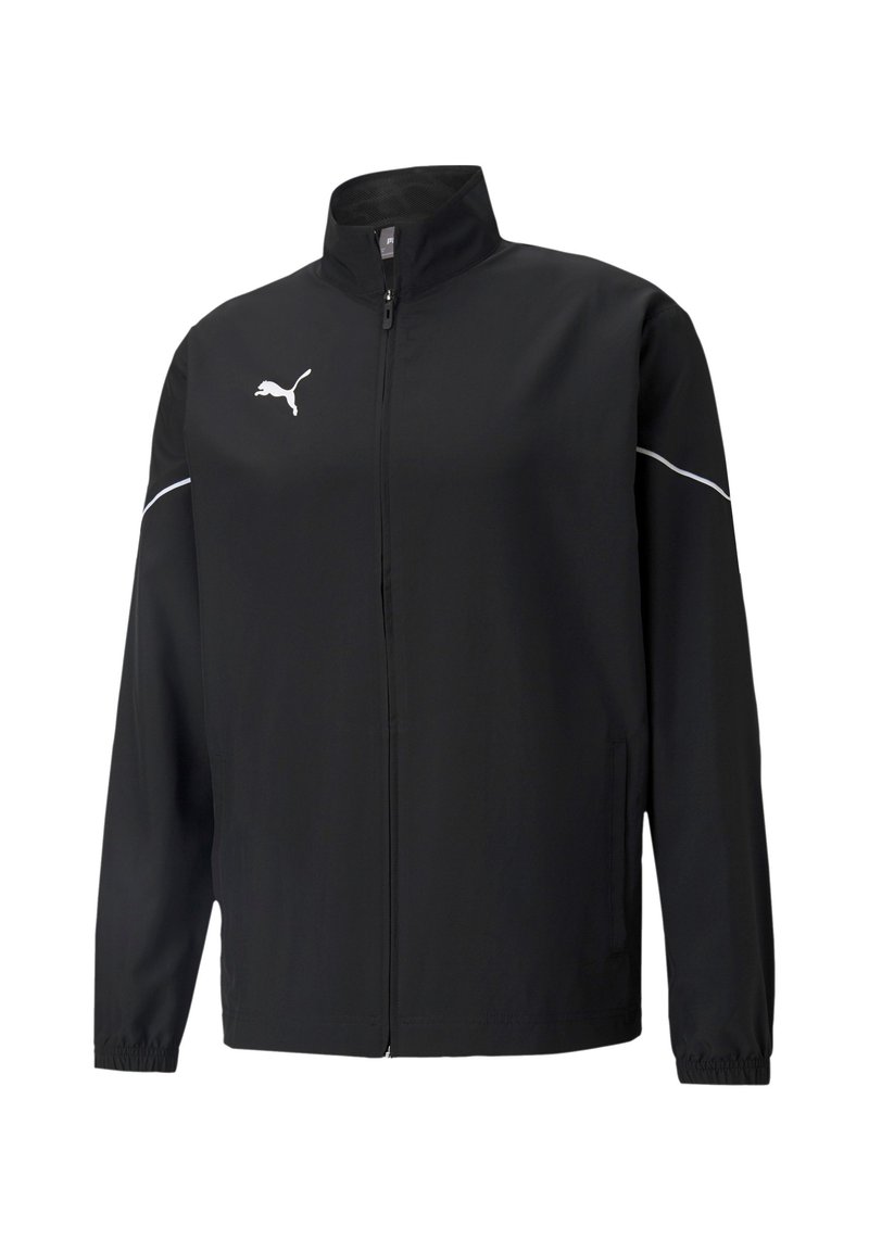 Zwarte sportjas met hoge kraag, volledige rits aan de voorkant en witte accenten. Bevat een Puma-logo op de bovenste linkerborst.