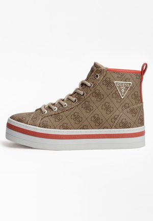 Brown canvas high-top sneaker with logo pattern, beige laces, and red accent on heel. Features a thick white sole with pink stripe.