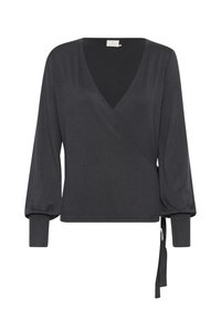Dark grey wrap top made of soft fabric, featuring a V-neck, long puff sleeves, and ribbed cuffs with a side tie detail.