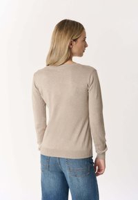 Maglione beige a maglia con maniche lunghe, polsini e orlo a coste, presenta un collo rotondo. Abbinato a jeans azzurri chiari, mostra la vista posteriore.