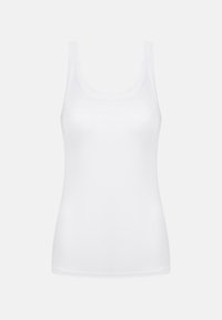 Witte mouwloze tanktop met ronde hals, weergegeven tegen een effen lichtgrijze achtergrond.