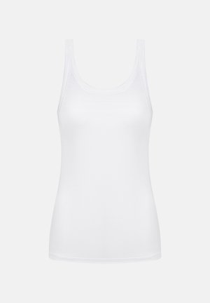 Weißes ärmelloses Tanktop mit Rundhalsausschnitt, vor einem schlichten hellgrauen Hintergrund präsentiert.
