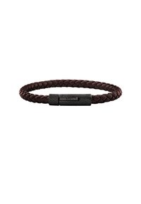 Pulsera trenzada de cuero marrón oscuro con un cierre de metal negro texturizado grabado con "BREIL" sobre un fondo blanco.