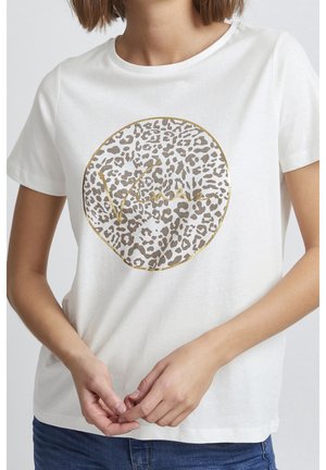 Hvid t-shirt med korte ærmer, der har et rundt leopardtryk i guldfolie med teksten "Vintage" i midten. Fremstillet af bomuld.