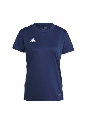 Marineblaue Sport-T-Shirt mit kurzen Ärmeln, aus glattem Stoff gefertigt. Beinhaltet das weiße Adidas-Logo und zwei weiße Streifen entlang der Seiten.