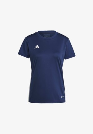 Marineblaue Sport-T-Shirt mit kurzen Ärmeln, aus glattem Stoff gefertigt. Beinhaltet das weiße Adidas-Logo und zwei weiße Streifen entlang der Seiten.