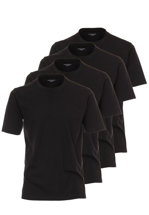 Sorte bomulds T-shirts i en pakke med fire. Rund halsudskæring, korte ærmer, med et diskret mærke-logo på venstre bryst. Glat tekstur.