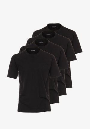 Czarne bawełniane koszulki w pakiecie czterech. Okrągły dekolt, krótkie rękawy, z subtelnym logotypem marki na lewej piersi. Gładka tekstura.