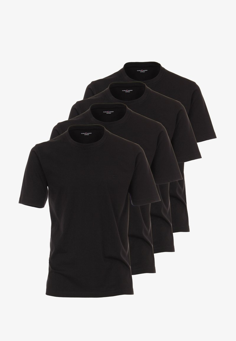Schwarze Baumwoll-T-Shirts im Viererpack. Runder Ausschnitt, kurze Ärmel, mit einem dezenten Markenlogo auf der linken Brust. Glatte Textur.