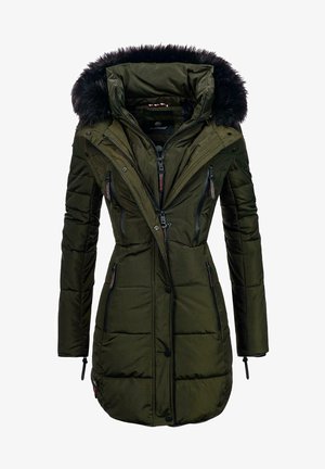 Olive zielenony kurtka ocieplana z kapturem z sztucznego futra, z zapięciem na zamek z przodu oraz licznymi kieszeniami zapinanymi na zamek. Posiada dopasowaną talię oraz teksturowany materiał.