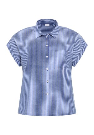 Blau-weiß gestreiftes Kurzarmhemd mit Kragen, Knopfleiste und einer Brusttasche. Hergestellt aus leichtem Stoff. Gerader Saum.