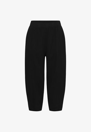 Mustat, väljät, lyhennetyt housut, joissa on joustava vyötärönauha ja kapenevat lahkeet.