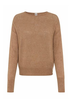 Pull en laine marron avec un col rond, des épaules tombantes et des manches longues. Il présente une texture douce et une petite étiquette de marque en bas.