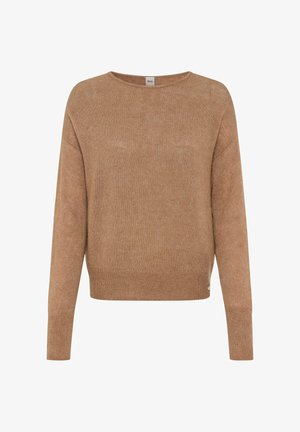 Bruine gebreide trui met een ronde hals, verlaagde schouders en lange mouwen. Heeft een zachte textuur en een klein merkembleem aan de onderkant.