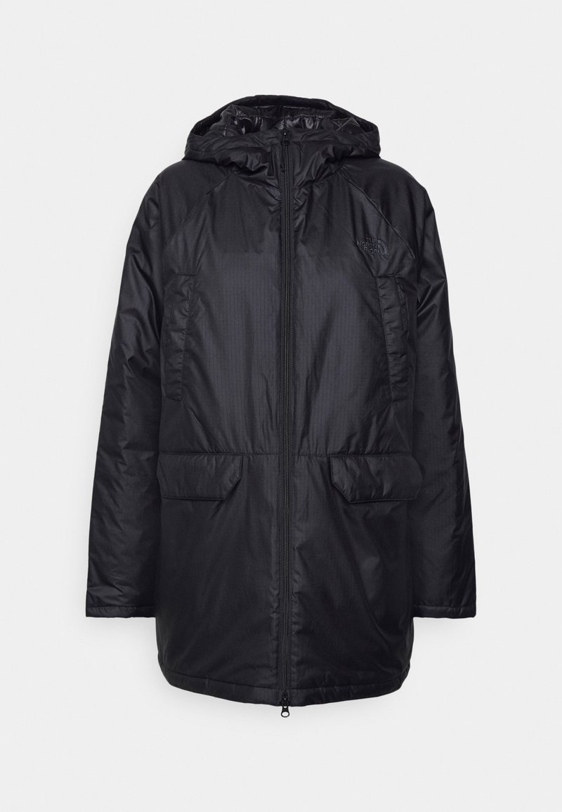 Svart lång vadderad vinterjacka med huva, framtill dragkedja, två fickor med lock vid midjan och två sidofickor, designad för kallt väder.