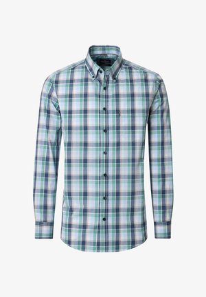 Herrenhemd mit langen Ärmeln, Knopfleiste, grün-blau-weiß kariertem Muster und einer Brusttasche.