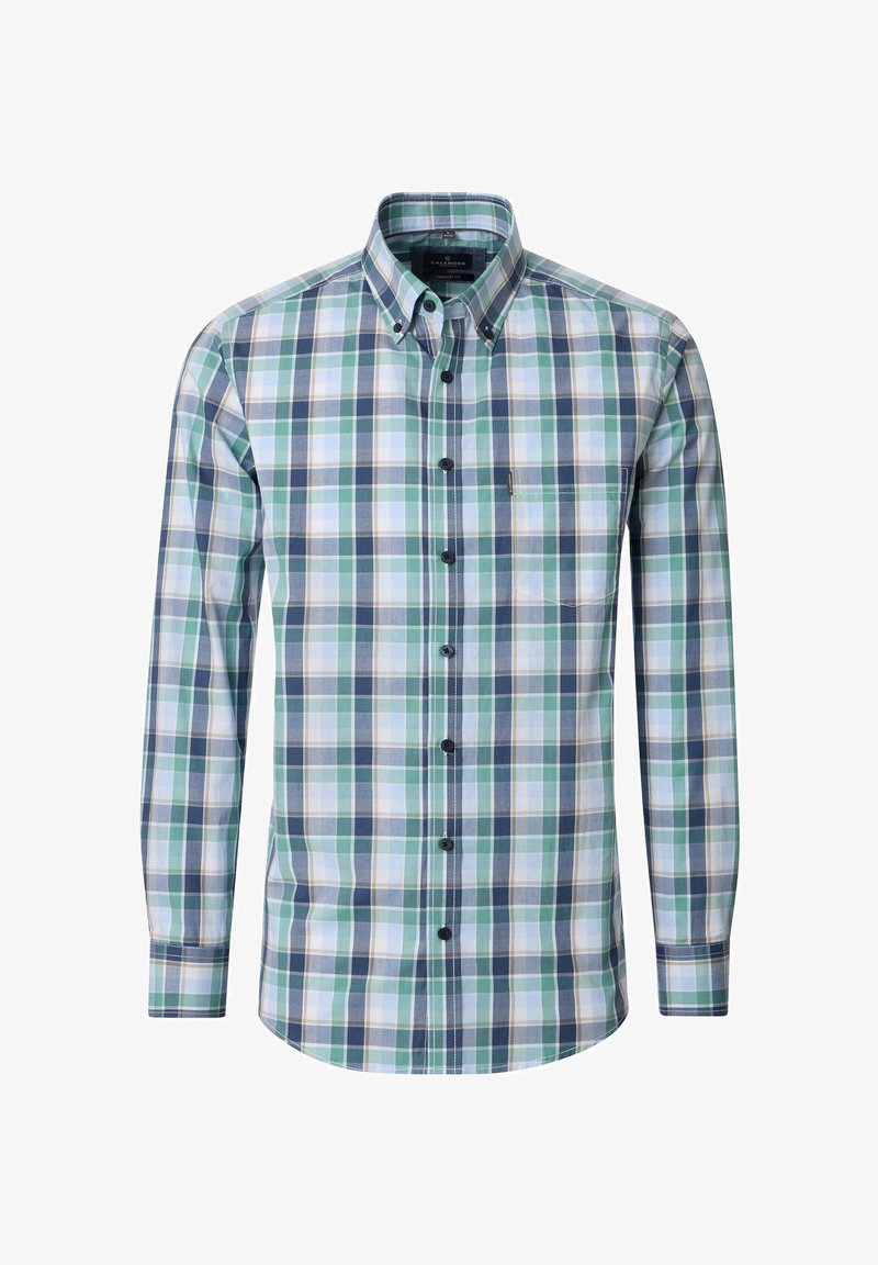 Men's long-sleeve button-down shirt with green, blue, and white plaid pattern and a single chest pocket.