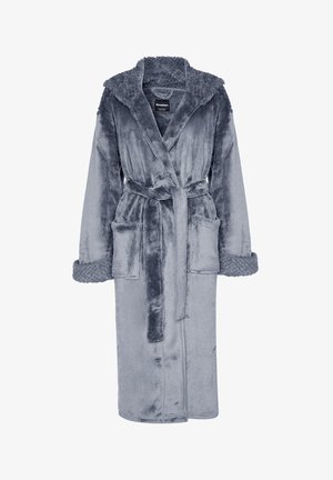 Peignoir de bain en peluche gris avec un col châle, bordure en fausse fourrure texturée sur les manches, ceinture nouée et deux poches avant. Tissu doux et confortable.