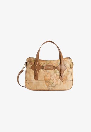Borsa beige con stampa della mappa del mondo, accenti in pelle marrone, doppie maniglie e tracolla rimovibile. Chiusura con zip in alto.