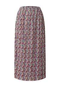 Blumige Midikleidung mit einem plissierten Design. Verfügt über ein mehrfarbiges Muster von kleinen Blumen auf dunkelweißem Hintergrund. Elastischer Bund.
