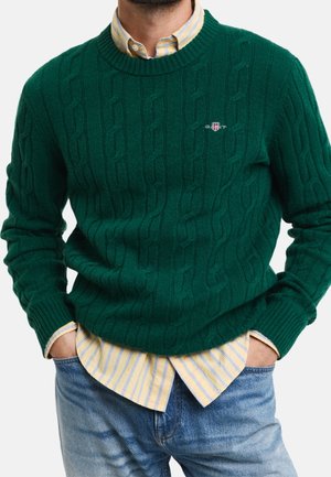 Homme portant un pull vert à torsades par-dessus une chemise à rayures jaunes et un jean bleu clair, les mains dans les poches, torse visible.