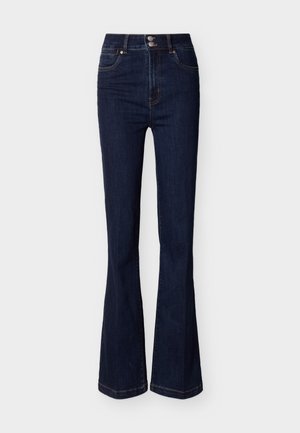 Mørkeblå høytlivs denimjeans med vide ben, frontlommer og dobbelt knappespenne i livet.