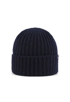 Marineblaue Strickmütze mit gerippter Textur und umgeschlagenem Bund. Ausgestattet mit einem kleinen, farbigen Akzent-Logoschild auf einer Seite.