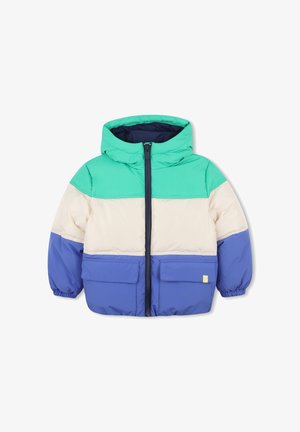 Bunte Pufferjacke mit Kapuze, die grüne, cremefarbene und blaue Panels aufweist, zwei Vordertaschen und einen Reißverschluss auf der Vorderseite hat. Hergestellt aus isolierendem Material.