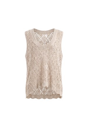 Beige ærmeløs strikket vest med detaljerede åbne blomster- og geometriske mønstre samt V-hals.