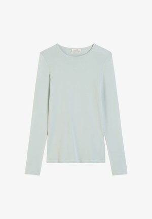 Camicia a maniche lunghe blu chiaro realizzata in tessuto morbido, con collo tondo e design semplice, senza motivi o decorazioni.