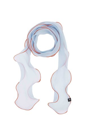Light blue sheer scarf with wavy edges trimmed in orange, loosely coiled with two ends hanging down.