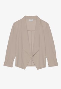 Blazer beige con un frente abierto, solapas anchas y mangas de tres cuartos. Hecho de una tela suave con un corte relajado y un mínimo de detalles.